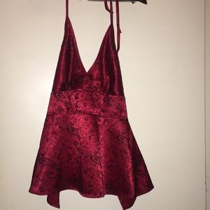 Red and black velvet blouse